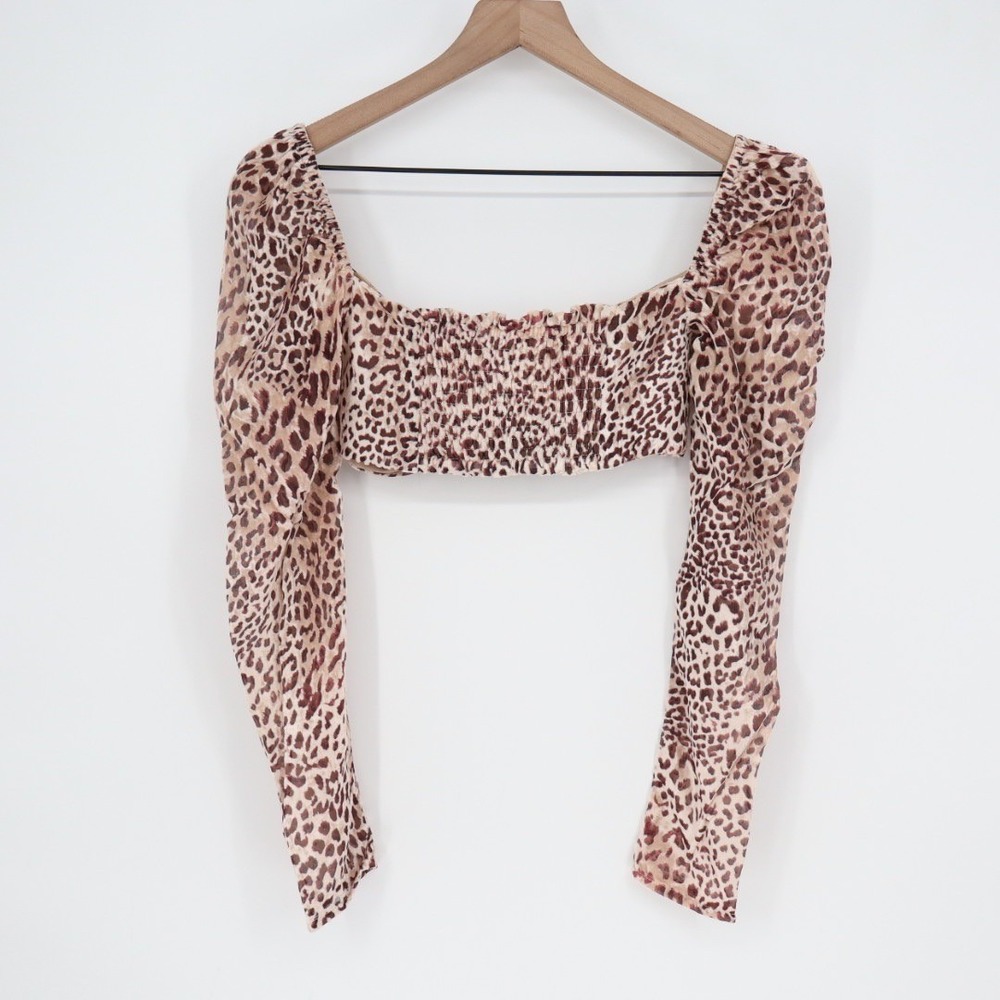 Naked Wardrobe Leopard Velvet Twist Front Crop Top Long Mesh Sleeve M - Picture 4 of 5